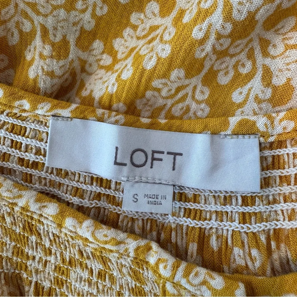 Loft Floral Smocked Puff‎ Sleeve Crinkle Knit Mustard Yellow Blouse Small #233
